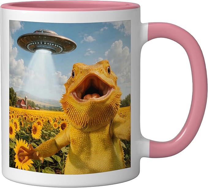 Funny Bearded Dragon Selfie with Alien UFO Ceramic Mug, Pink/White