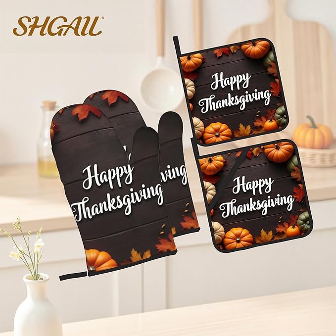 Happy Thanksgiving Pumpkin Oven Mitts with Matching Potholders - Heat Resistant Kitchen Accessories for Baking, Grilling, Cooking, Gifts for Women