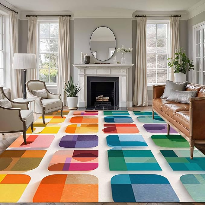 Area Rug 9x12ft, Modern Geometric Squares Washable Rugs for Living Room Bedroom Rectangle Floor Carpet, Colorful Abstract Art Soft Non-Slip Area Rugs for Dining Room
