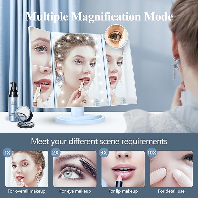 HUONUL Makeup Mirror, Vanity Mirror with Lights, 2X/3X/10X Magnification, Touch Control, Trifold Mirror, Dual Power Supply, Mothers Day for Mom Gifts,Gifts for Women, Wife, Mom, Teengirls