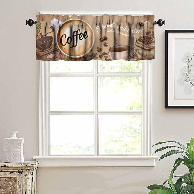 Vintage Coffee Valance, Fresh Roasted Coffee Beans Farmhouse Short Window Treatment for Cafe Kitchen Dining Room Resturant Bedroom Living Room, 54x18Inch