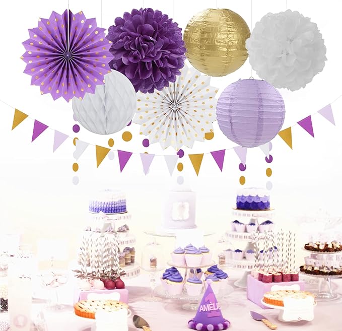 Purple-Gold Party Decorations Streamers Lanterns - 14pcs White Lavender Paper Fan Graduation Woman Birthday Wedding Bridal Shower Tissue Pom Poms,Honeycomb Balls Valentines day Decor Ouruola