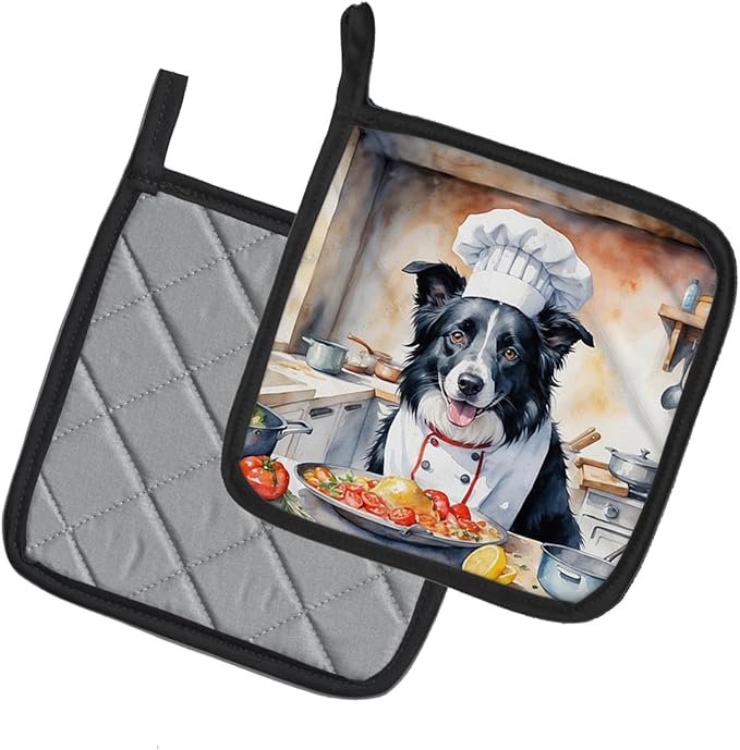 Caroline's Treasures Border Collie The Chef Pair of Pot Holders Kitchen Heat Resistant Pot Holders Sets Oven Hot Pads for Cooking Baking BBQ, 7 1/2 x 7 1/2
