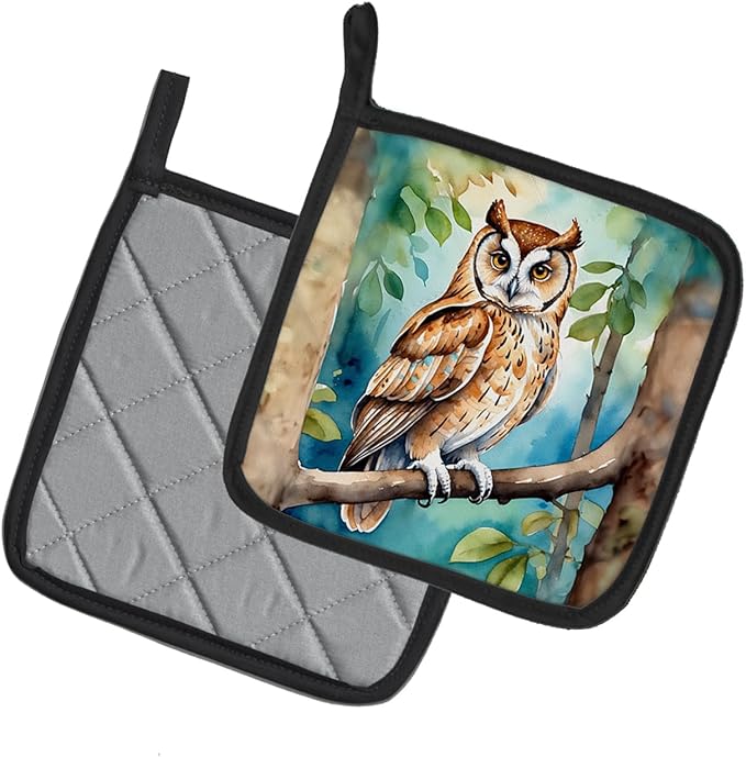 Caroline's Treasures Oriental Bay Owl Pair of Pot Holders Kitchen Heat Resistant Pot Holders Sets Oven Hot Pads for Cooking Baking BBQ, 7 1/2 x 7 1/2