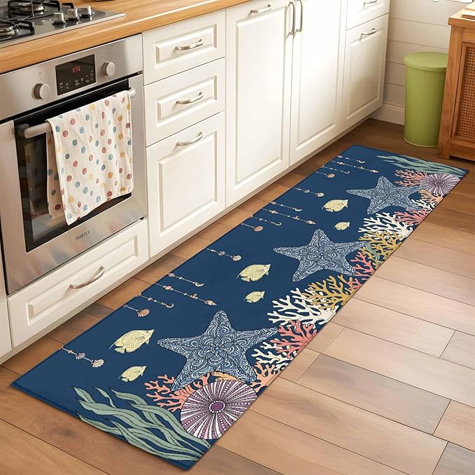 Runner Rug for Bedroom Hallway, Ocean Starfish Coral Fish Kitchen Runner Rugs Area Rug 2x6ft, Underwater Creature on Navy Blue Washable Soft Floor Carpet for Entryway Stair