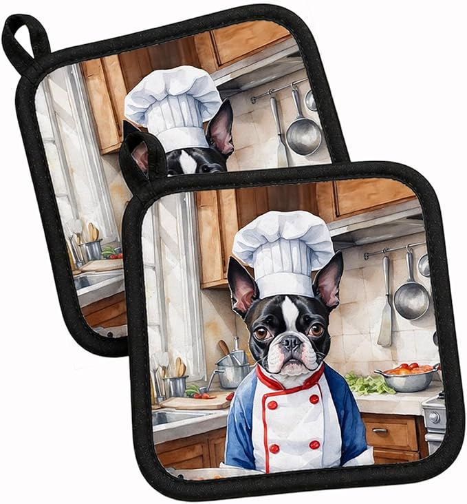 Caroline's Treasures Boston Terrier The Chef Pair of Pot Holders Kitchen Heat Resistant Pot Holders Sets Oven Hot Pads for Cooking Baking BBQ, 7 1/2 x 7 1/2