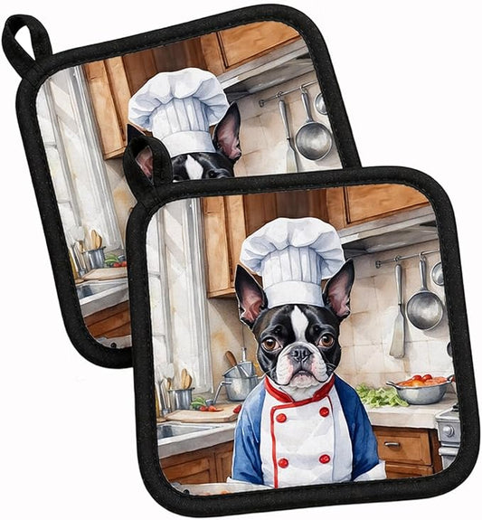 Caroline's Treasures Boston Terrier The Chef Pair of Pot Holders Kitchen Heat Resistant Pot Holders Sets Oven Hot Pads for Cooking Baking BBQ, 7 1/2 x 7 1/2