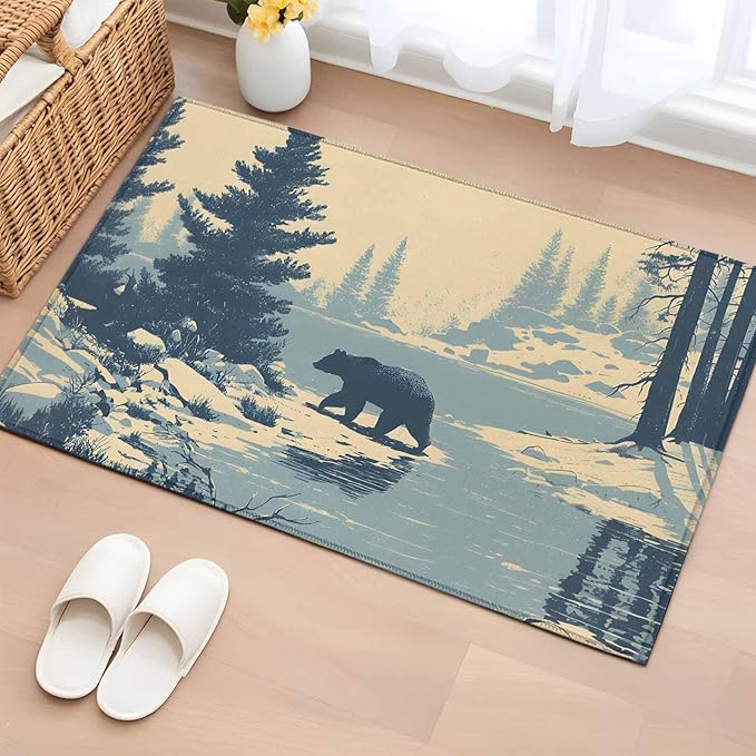 Area Rug 2x3ft, Winter Bear Evergreen Trees Washable Rugs for Living Room Bedroom, Rustic Snow River Soft Non-Slip Area Rugs Rectangle Floor Carpet for Dining Room