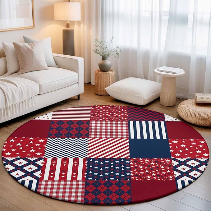 Washable Round Area Rug Abstract Splicing Stars Stripes Circle Rugs Floor Carpet for Living Room Bedroom, Independence Day Red Blue White Soft Non Slip Round Rug 5ft