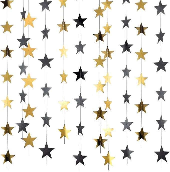 Patelai 130 Feet Glitter Star Garland Banner 2026 Party Decoration Double Side Star Hanging String Streamer Paper Twinkle for Graduation Wedding Birthday (Gold and Black)