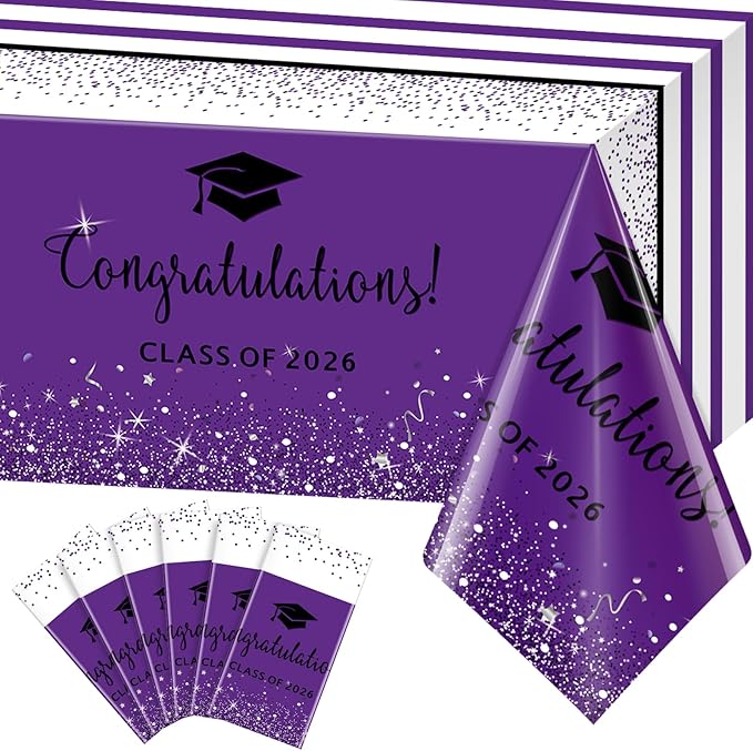 6 Pack Class of 2026 Graduation Tablecloths,Foil Dot Plastic Disposable Rectangle Table Covers for 2026 High School University College Graduation Party Decorations,108*54 Inch (Purple and Black)