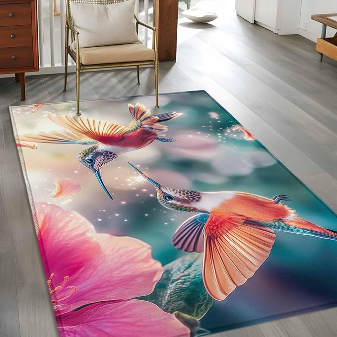 Area Rug 3x5ft, Spring Hummingbird Pink Petals Flowers Washable Rugs for Living Room Bedroom, Dreamlike Animal Focus Scenery Soft Non-Slip Area Rugs Rectangle Floor Carpet for Dining Room
