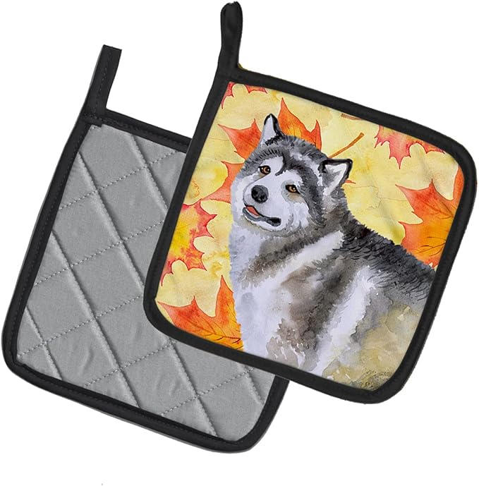 Caroline's Treasures BB9899PTHD Alaskan Malamute Fall Pair of Pot Holders, Yellow Kitchen Heat Resistant Pot Holders Sets Oven Hot Pads for Cooking Baking BBQ, 7 1/2 x 7 1/2