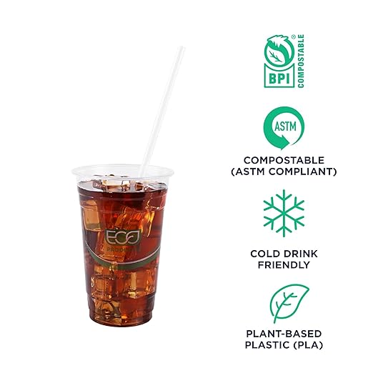 Eco-Products Compostable Paper Wrapped Jumbo Plastic Straws, 9.5" Long, 8mm Diameter, Box of 300, Clear Disposable Plant Based PLA Plastic, Large Sized Drinking Straws, ASTM Compliant, BPI-Certified
