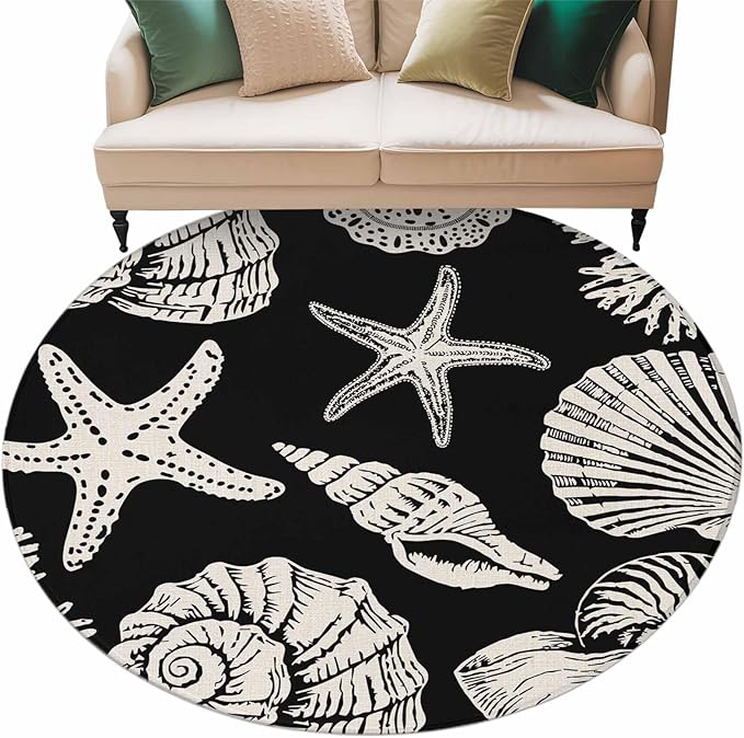 Washable Round Area Rug Marine Starfish Shell Conch Circle Rugs Floor Carpet for Living Room Bedroom, Ocean Life on Black Soft Non Slip Round Rug 5ft