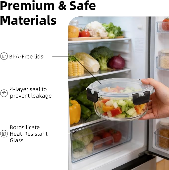 Konokyo Round Glass Food Storage Containers with Lids, 24 Pack Airtight Leakproof Meal Prep Containers, BPA-Free, Microwave Oven Freezer & Dishwasher Safe, Assorted Sizes