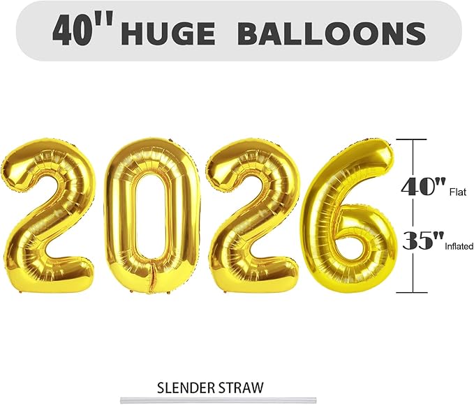 2026 Number Balloons 40 Inch Big Balloon, Gold Number 2026 Balloon for Happy New Years Eve Party Decorations, 20 26 Birthday Wedding Anniversaries Decors