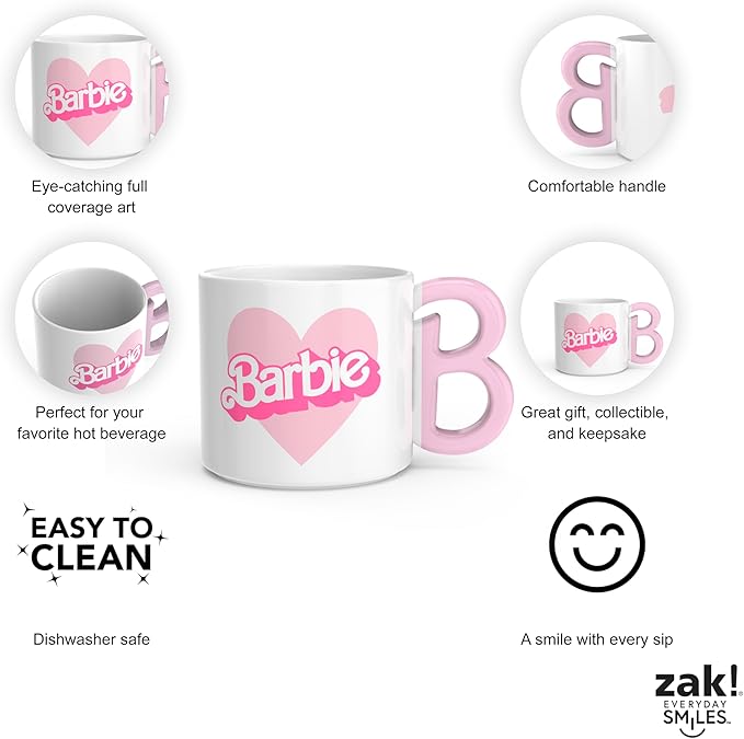Zak Designs Barbie Ceramic Coffee Mug for Hot Drinks, Collectible Keepsake with Sculpted Handle (15 oz, Barbie)