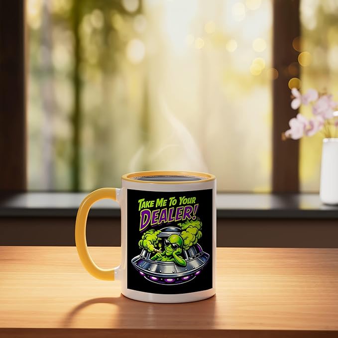 420 Take Me To Your Cannabis Weed Stoner Sc-Fi Alien UFO Ceramic Mug, Yellow/White