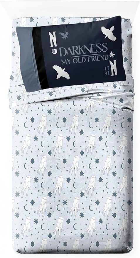 Jay Franco Sheet Set with Fitted, Flat Sheets & Pillow Cover - Ultra-Soft Bedding with Pillowcase for Room Decor, Blue - Wednesday, 3 Piece Twin