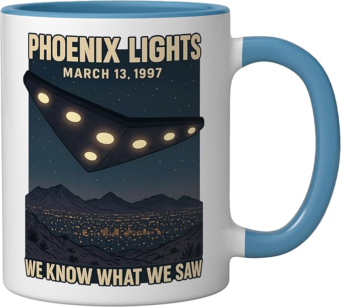 Phoenix Lights UFO V Shaped Flying Saucer Alien Ceramic Mug, Blue/White