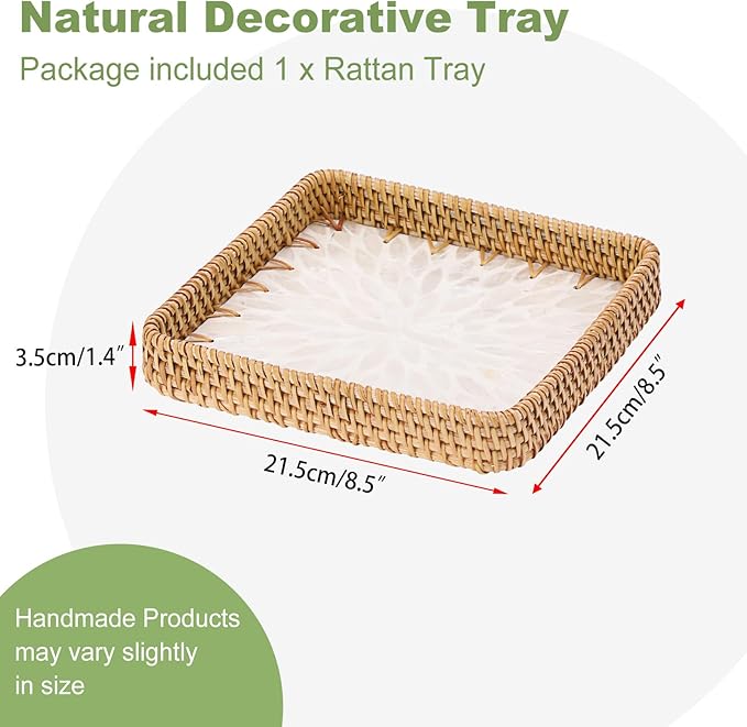 Handwoven Rattan Key Bowl Natural Wicker Serving Tray with Mother-of-Pearl Inlay Decorative Square Serving Tray, White
