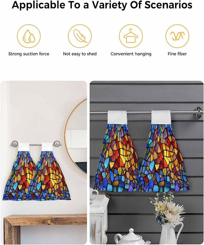 Alandar Home Kitchen Tie Towel Set of 1, Stained Glass Colorful Gradient Absorbent Soft Hand Towels for Bathroom Hanging Towels, Abstract Geometric Fast Drying Cleaning Cloth with Loop
