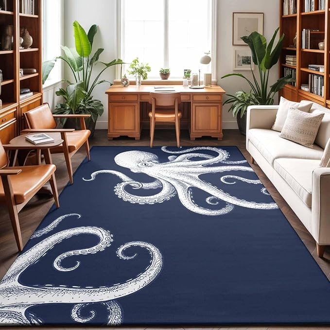 Area Rug 3x5ft, Underwater Ocean Giant Octopus Washable Rugs for Living Room Bedroom, Navy Blue White Marine Life Soft Non-Slip Area Rugs Rectangle Floor Carpet for Dining Room