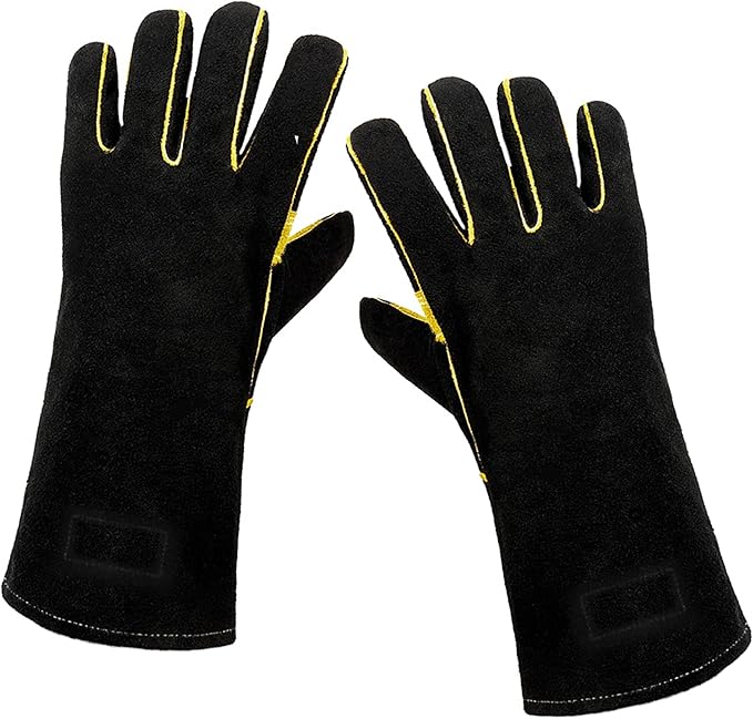 Heat Resistant Gloves for Grill BBQ,Long Sleeve Grill Gloves for Baking,Oven,Fireproof, Stove,Welder,Welding,Fireplace (Black-Yellow)