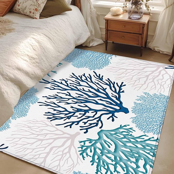 Area Rug 3x5ft, Classic Sea Blue Coral Washable Rugs for Living Room Bedroom, Abstract Marine Life Scenery Soft Non-Slip Area Rugs Rectangle Floor Carpet for Dining Room