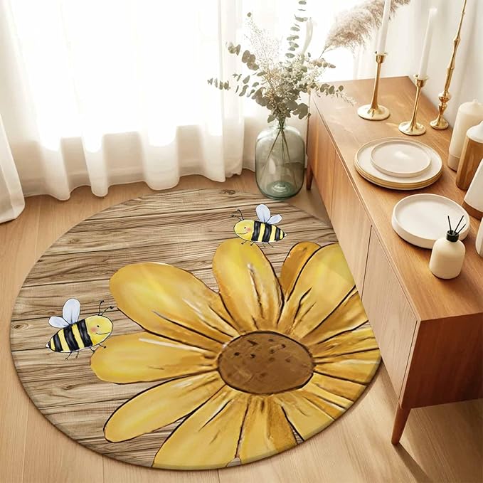 Washable Round Area Rug Summer Yellow Bee Blossom Flower Circle Rugs Floor Carpet for Living Room Bedroom, Retro Rustic Brown Wood Board Soft Non Slip Round Rug 3ft