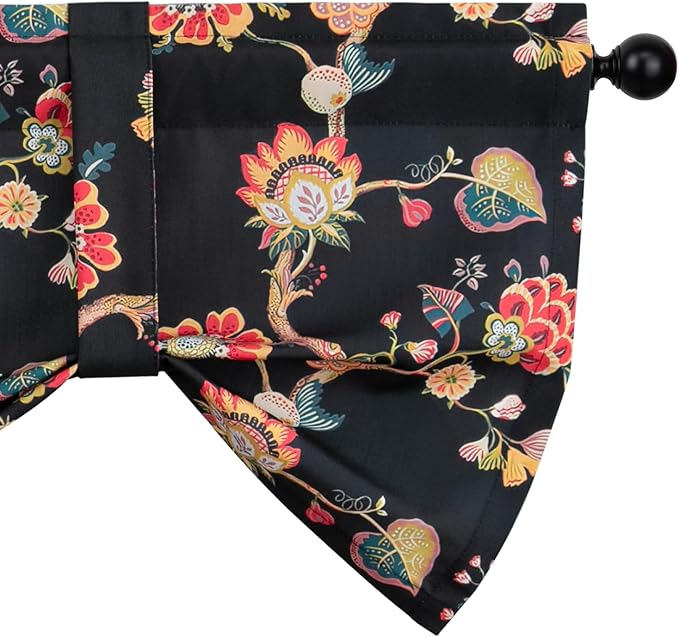Leeva Tie-up Shade Curtains Valance for Bedroom, Rustic Flowers Pattern Light Filtering Rod Pocket Window Treatment Valances for Living Room Kitchen Bathroom, One Panel, 52 x 18, Black