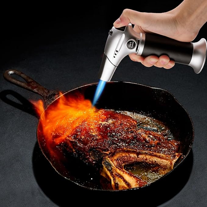 mollie Mini Butane Torch Lighter with Adjustable Flame, Small Refillable Kitchen Cooking Blow Torch for Creme Brulee, Windproof Baking Torch with Safety Lock, Silver (Butane Gas Not Included)