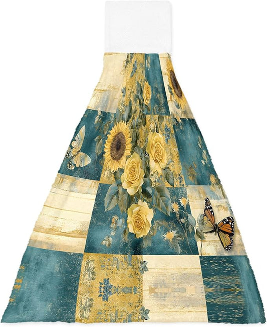 Alandar Home Kitchen Tie Towel Set of 1, Farm Sunflower Rose Butterfly Absorbent Soft Hand Towels for Bathroom Hanging Towels, Vintage Floral on Plaid Fast Drying Cleaning Cloth with Loop