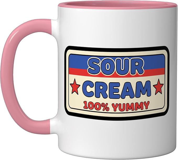 Sour Cream 100% Yummy Retro Food Label Vintage Snack Ceramic Mug, Pink/White