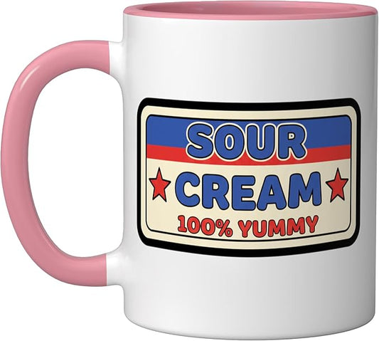 Sour Cream 100% Yummy Retro Food Label Vintage Snack Ceramic Mug, Pink/White