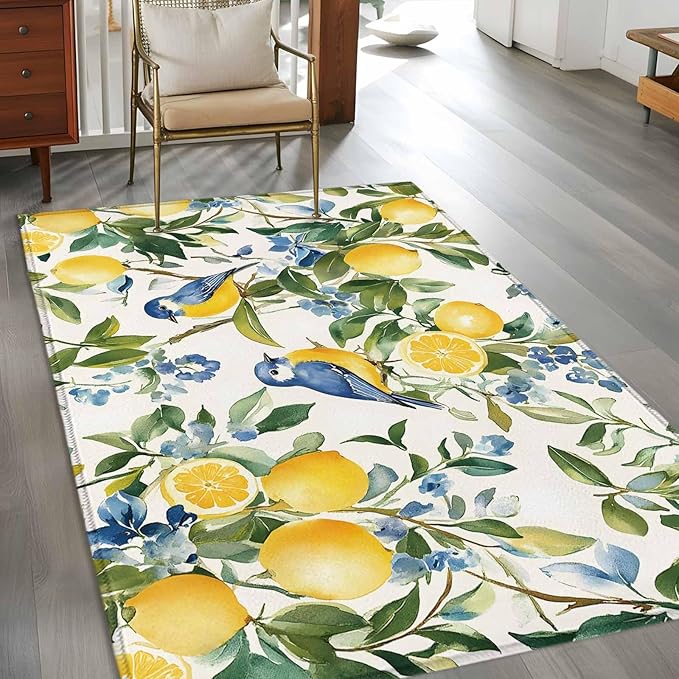 Area Rug 4x6ft, Pastoral Vintage Lemon Blue Bird Washable Rugs for Living Room Bedroom, Retro Yellow Fruit Flowers Soft Non-Slip Area Rugs Rectangle Floor Carpet for Dining Room