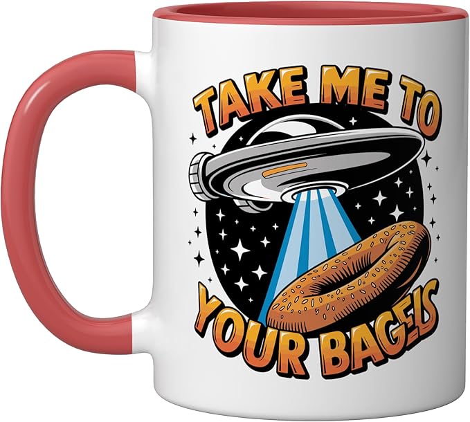 Take Me to Your Bagels UFO Abduction Jewish Funny Bagel Ceramic Mug, Red/White