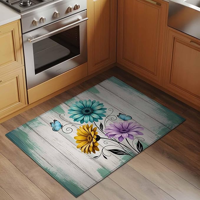 Area Rug 2x3ft, Farm Flower Daisy Retro Wood Barn Washable Rugs for Living Room Bedroom, Blossom Flower Butterfly Soft Non-Slip Area Rugs Rectangle Floor Carpet for Dining Room