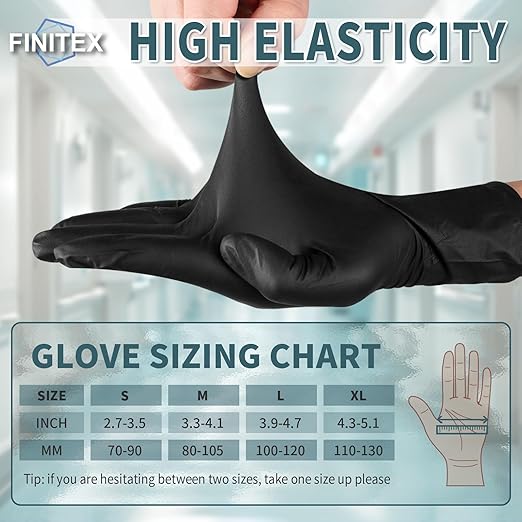 FINITEX - Black Nitrile Disposable Gloves, 5mil, Powder-free, Medical Exam Latex-Free 100 PCS For Examination Home Cleaning Food Glove (Medium)