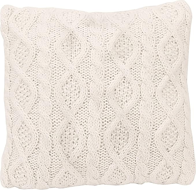 HiEnd Accents Cable Knit Wool Throw Pillow, 18x18 inch, Cream Solid Color, Diamond Pattern, Sweater Style, Soft Cozy Luxury Decorative Pillow