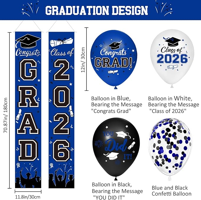 Graduation Decorations Class of 2026 - Blue Themed Graduation Supplies Include Grad Backdrop, Banner, Hanging Swirls, Porch Sign, Balloons, Foil Number 2026 for Congrats Grad Party Decorations