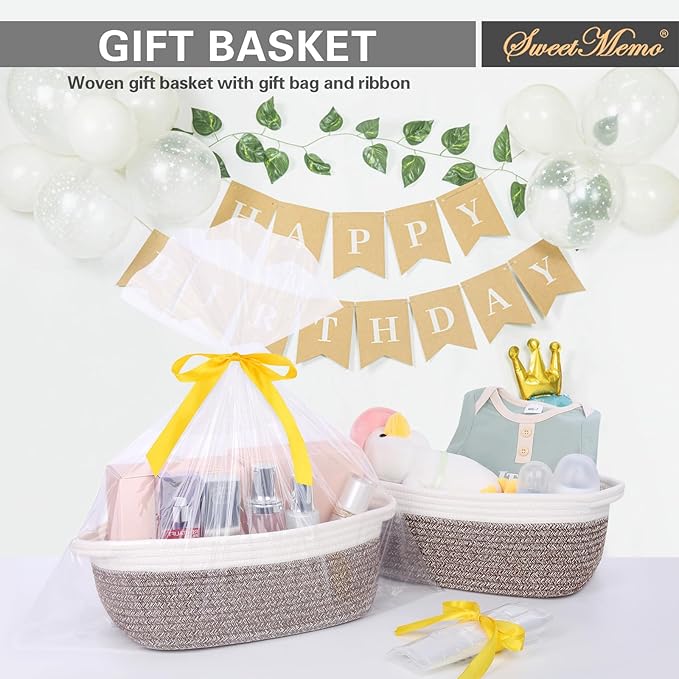 Empty Gift Basket to Fill with Handles, 12x8x5 inch - Wicker Rope Basket for Baby Shower, Kids Toys，Decorative Woven Bin for Man, Boys With Gift Bag & Ribbon,Resuable, White Brown