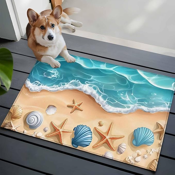 Area Rug 2x3ft, Summer Beach Shell Starfish Washable Rugs for Living Room Bedroom, Marine Life Cartoon Style Soft Non-Slip Area Rugs Rectangle Floor Carpet for Dining Room
