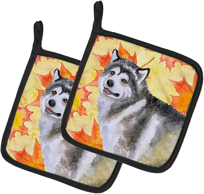 Caroline's Treasures BB9899PTHD Alaskan Malamute Fall Pair of Pot Holders, Yellow Kitchen Heat Resistant Pot Holders Sets Oven Hot Pads for Cooking Baking BBQ, 7 1/2 x 7 1/2