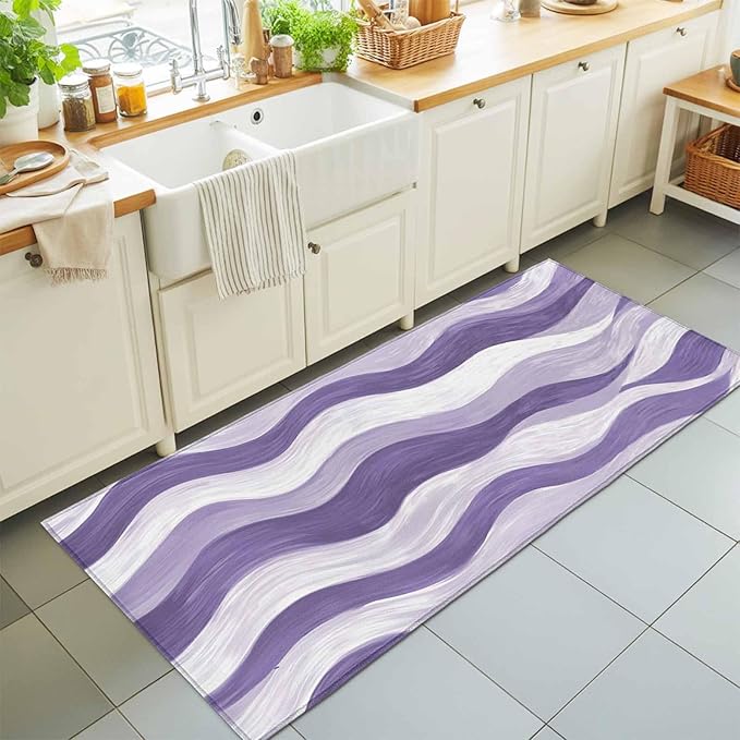 Runner Rug for Bedroom Hallway, Abstract Lavender Purple White Water Ripples Kitchen Runner Rugs Area Rug 2x6ft, Modern Art Washable Soft Floor Carpet for Entryway Stair