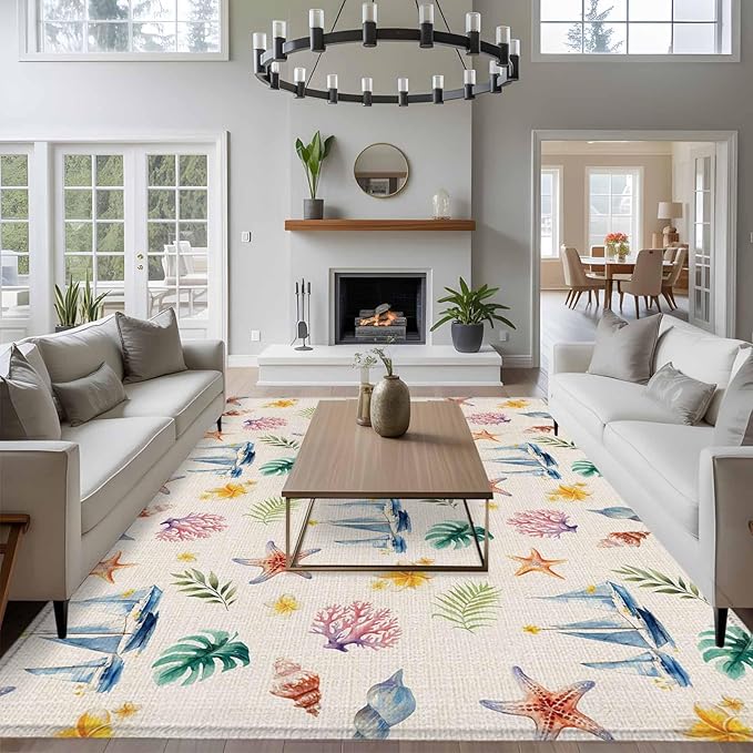 Area Rug 9x12ft, Summer Sea Starfish Sailboat Washable Rugs for Living Room Bedroom Rectangle Floor Carpet, Marine Life Coral on Linen Soft Non-Slip Area Rugs for Dining Room