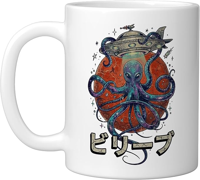 Retro Vintage Japanese Octopus Kraken Alien Planet Galaxy Ceramic Mug, White