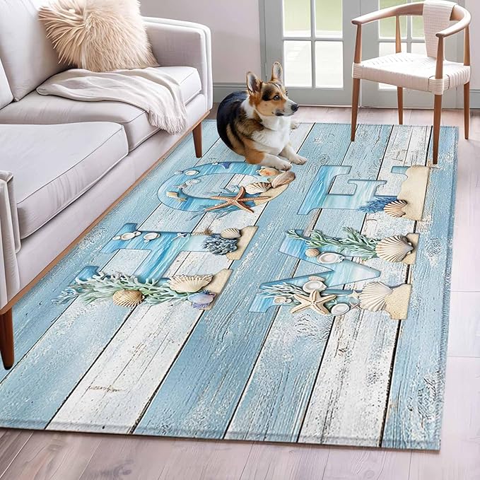 Area Rug 4x6ft, Summer Ocean Beach Shell Home Quote Washable Rugs for Living Room Bedroom, Farm Blue Wood Board Soft Non-Slip Area Rugs Rectangle Floor Carpet for Dining Room