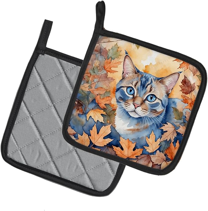 Caroline's Treasures Ojos Azules Cat in Fall Leaves Pair of Pot Holders Kitchen Heat Resistant Pot Holders Sets Oven Hot Pads for Cooking Baking BBQ, 7 1/2 x 7 1/2